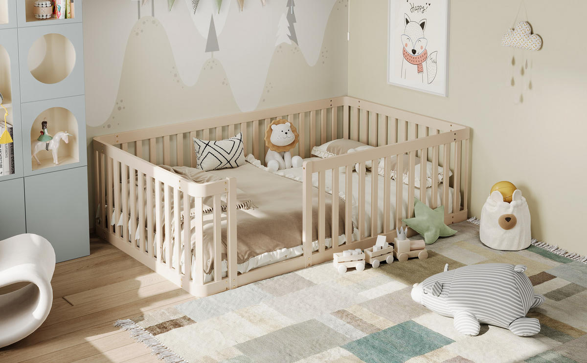 KINDERBETT 90/200 cm in Cream mit Zaun aus Kiefernholz - Creme, Holzwerkstoff (90/200cm) - STILVORA