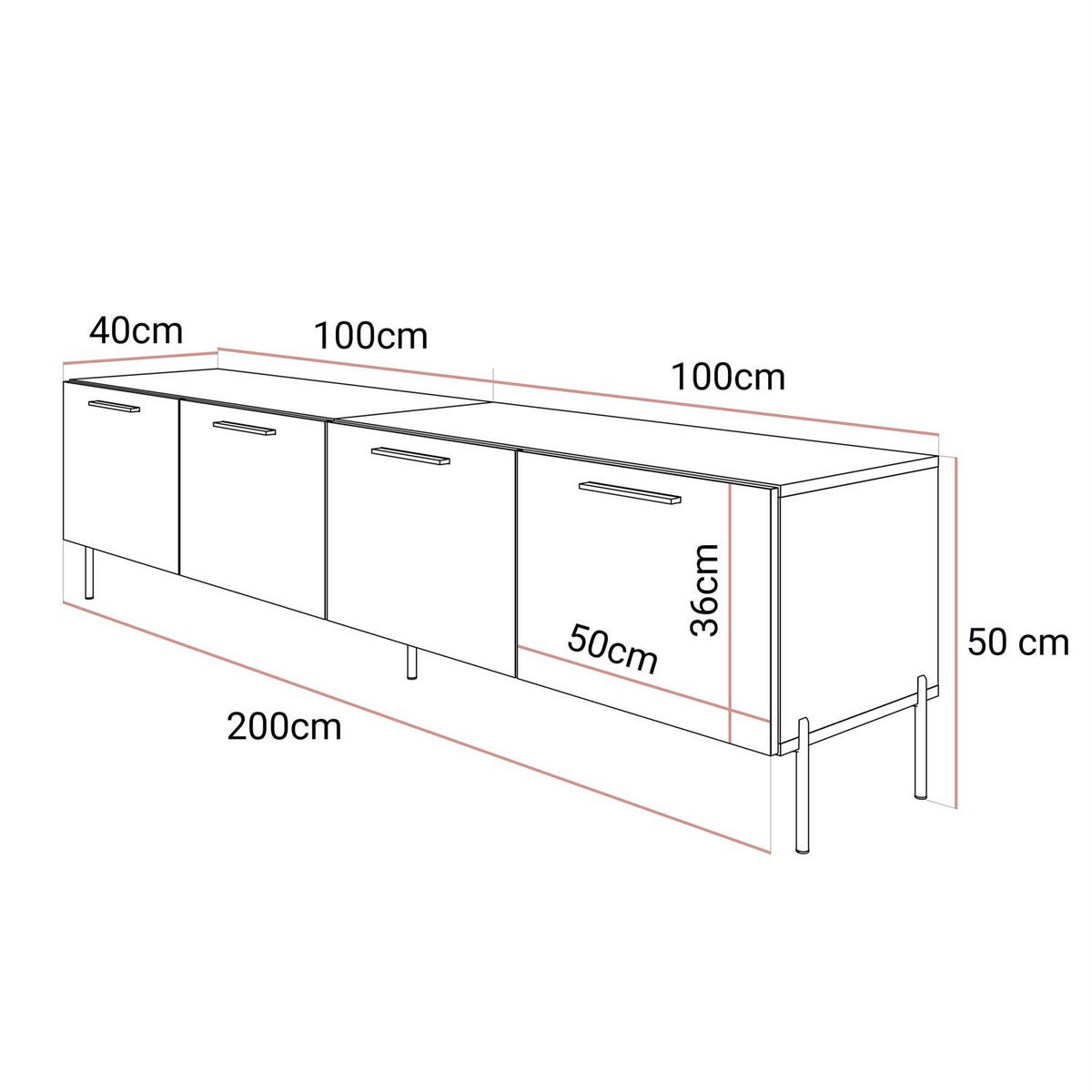 TV-ELEMENT AURA 200 KASCHMIR Hochglanz auf geraden silbernen Beinen - Kaschmir/Silberfarben, Holzwerkstoff (200/50/40cm) - Lookway