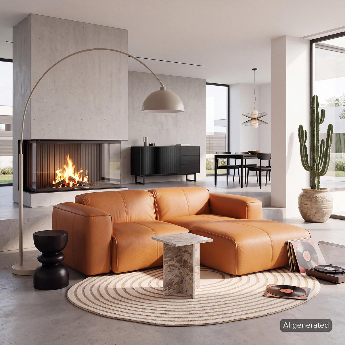 ECKSOFA mit XL-Longchair - Cognac/Schwarz, Leder/Kunststoff (260/171cm) - home24