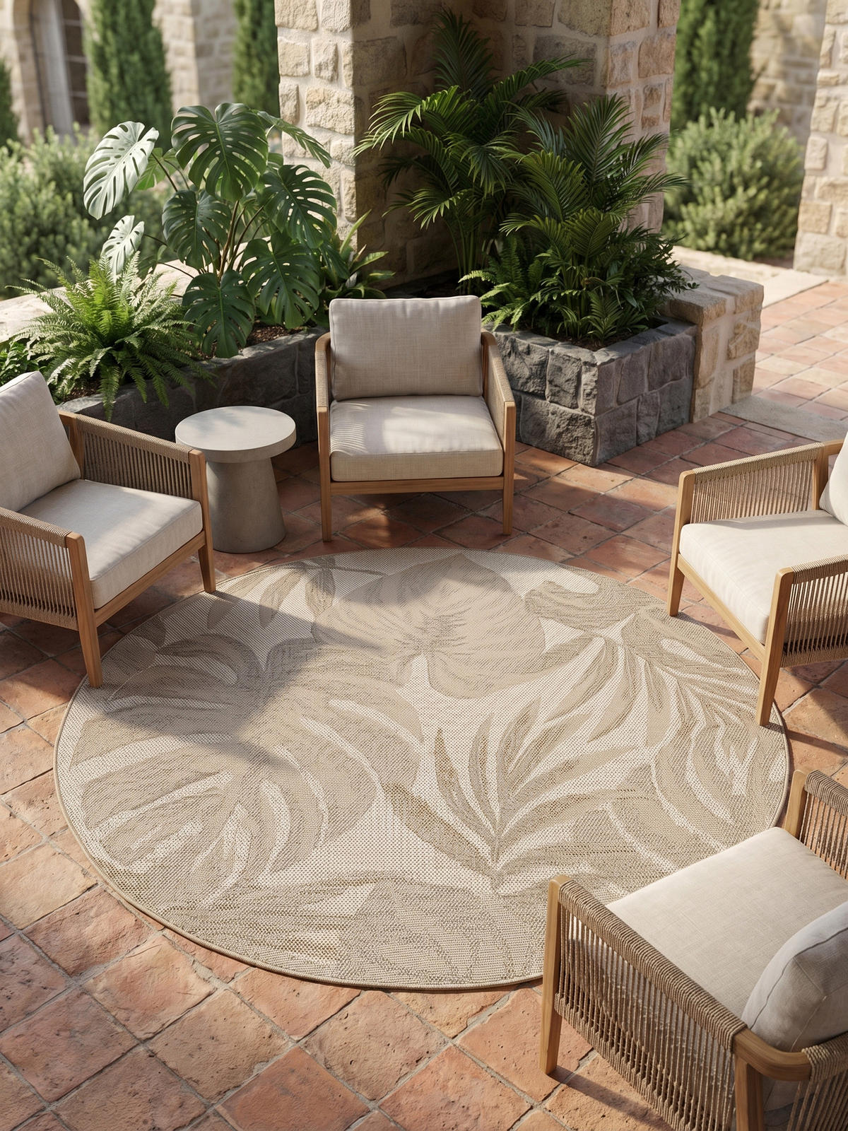 TEPPICH Outdoor VENTOUX in Beige, mit Tropen-Motiv, Ø 120 cm - Beige, Textil (120/120cm) - KADIMA DESIGN