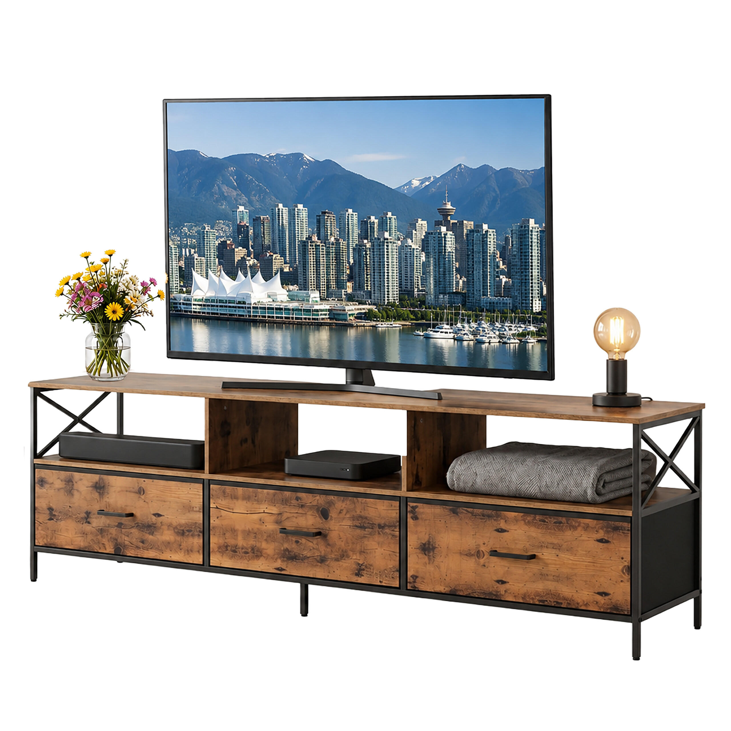 TV-SKŘÍŇKA industriální černá látkové zásuvky 170 cm - hnědá, kov/kompozitní dřevo (170/50/40cm) - Relaxdays