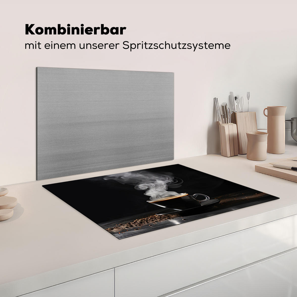 HERDABDECKPLATTE Kaffee - Schwarz - Bohnen - Heiß - Tasse Herdabdeckung Induktionsfeld 70x52 cm - Schwarz, Kunststoff (70/52/0.2cm) - MuchoWow