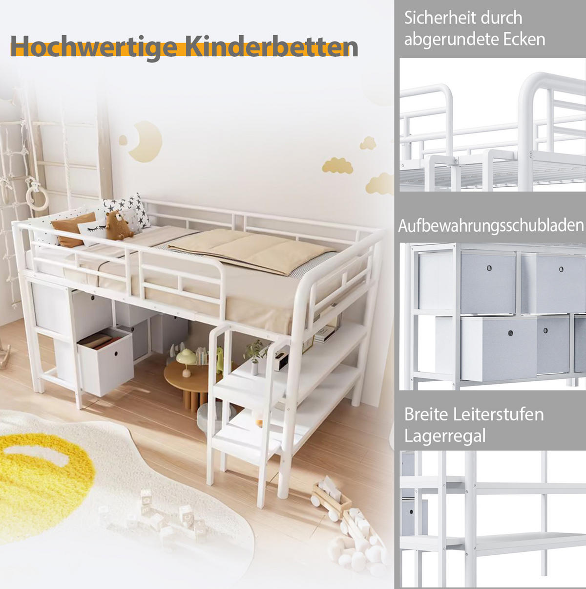 HOCHBETT 207/105/107,5 cm aus Metall und MDF mit Stauraum und breiten Stufen Weiß - Weiß, Metall (90/200cm) - Modenvie
