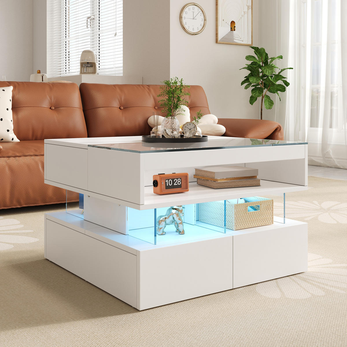 COUCHTISCH höhenverstellbar 70 x 67 x 57 cm Weiß mit LED - Weiß, Holzwerkstoff (112.5/70/57cm) - Meubliv