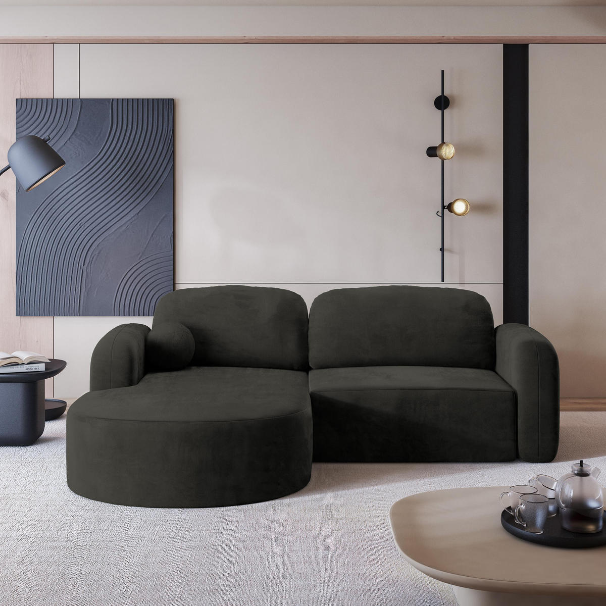 ECKSOFA AMILIA M L-S Schwarz Velours-Stoff mit Schlaffunktion - Schwarz, Holz (263/174cm) - MASSENO