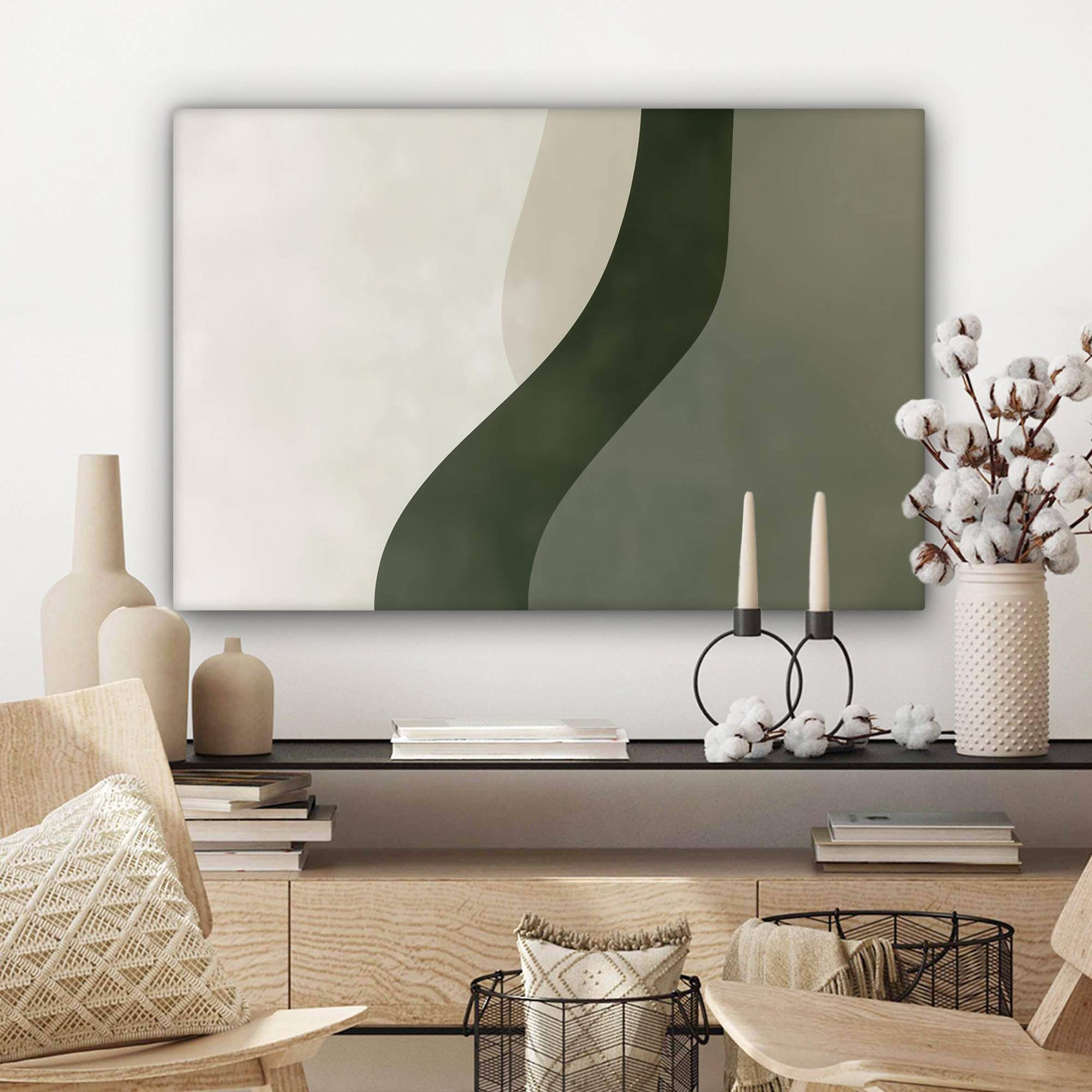 LEINWANDBILD Japandi - Grün - Abstrakt - Modern Wanddeko 90x60 cm - Salbeigrün, Textil (90/60cm) - MuchoWow