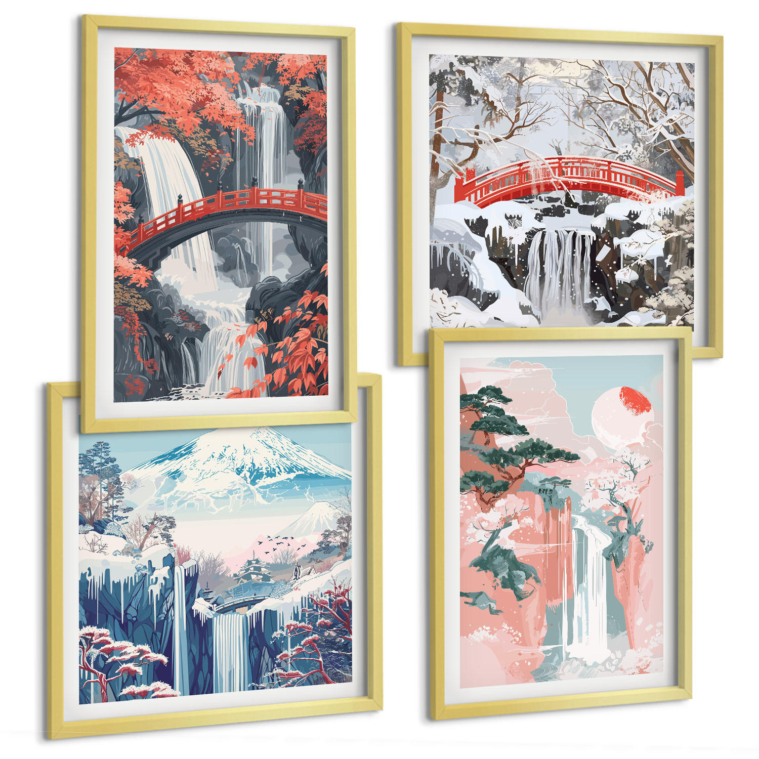 BILDER SET 4er Set - 50x50 cm & 40x60 cm Goldrahmen - Wasserfälle, Brücken, Bäume, Jahreszeiten - Goldfarben, Kunststoff (50/50cm) - TULUP