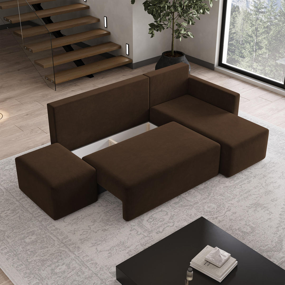 ECKSOFA VELOTTI R-S Braun Plüsch-Stoff mit Schlaffunktion - Braun, Holz (261/143cm) - MASSENO