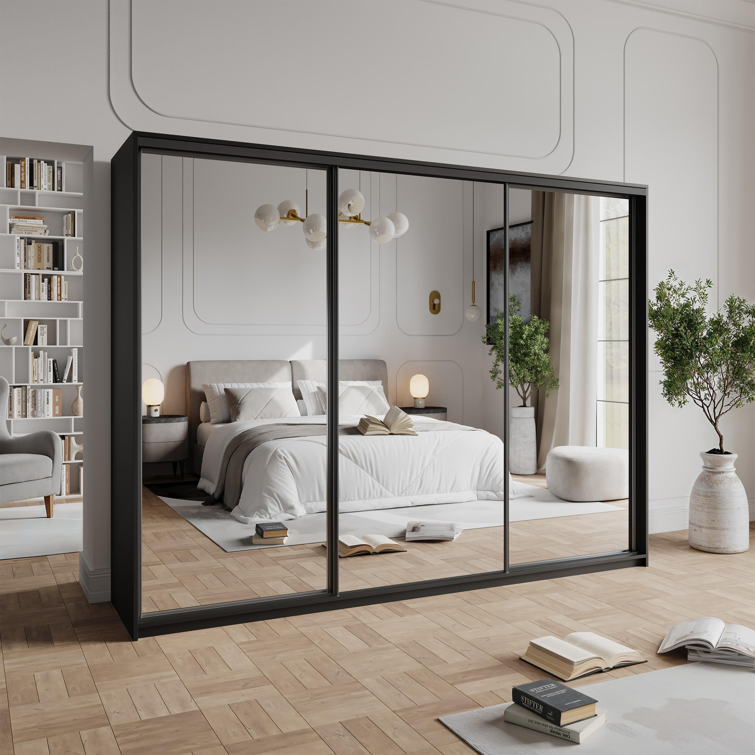 SCHWEBETÜRENSCHRANK RIEN 250/205/60 cm 3-türig mit Spiegel und Schubladen Schwarz - Schwarz, Holzwerkstoff (250/205/60cm) - MASSENO