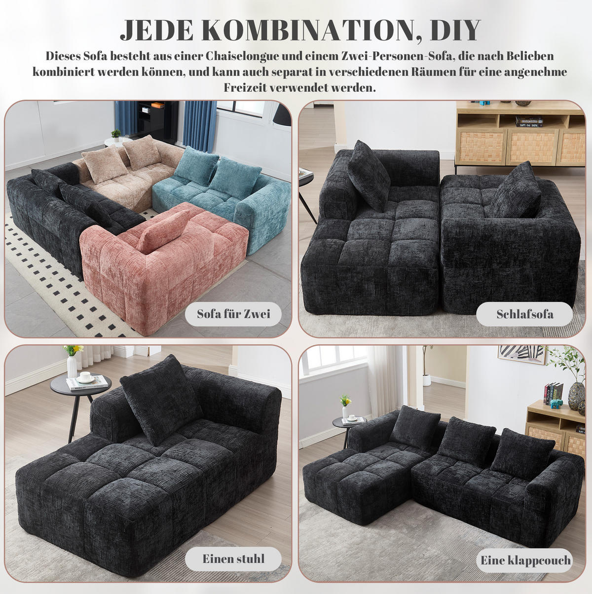 ECKSOFA 250/158/60 cm schwarz aus Chenille mit Chaiselongue - Schwarz, Textil (250/158cm) - OKWISH