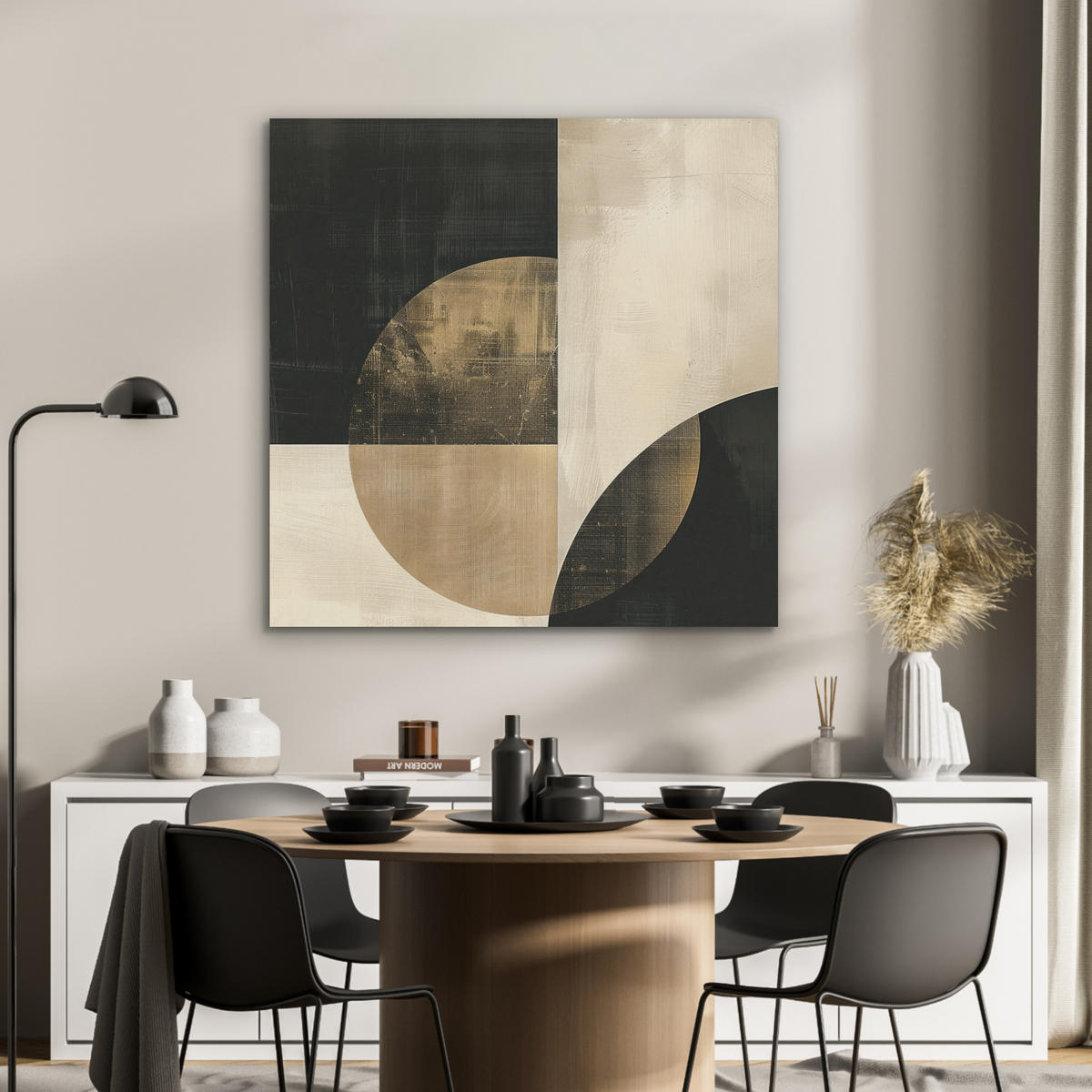 AKUSTIKPANEEL Abstrakt - Geometrische Formen - Schwarz - Gold 90x90 cm - Ecru, Textil (90/0.9/90cm) - MuchoWow