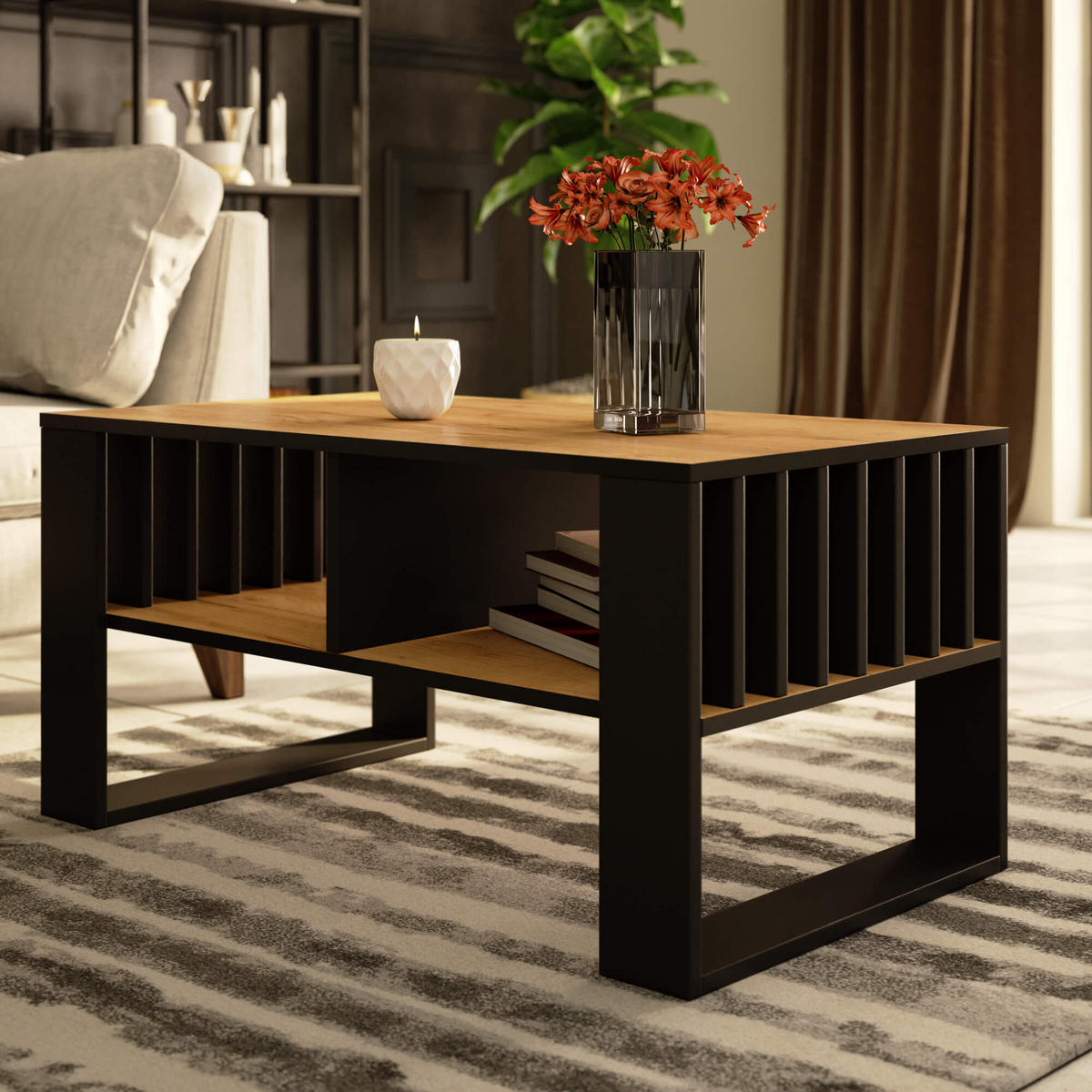 COUCHTISCH ROCKFORD Craft-Eichenfarben, Schwarz 92x53x45 cm - Eichefarben/Schwarz, Holzwerkstoff (53/92/45cm) - Akord