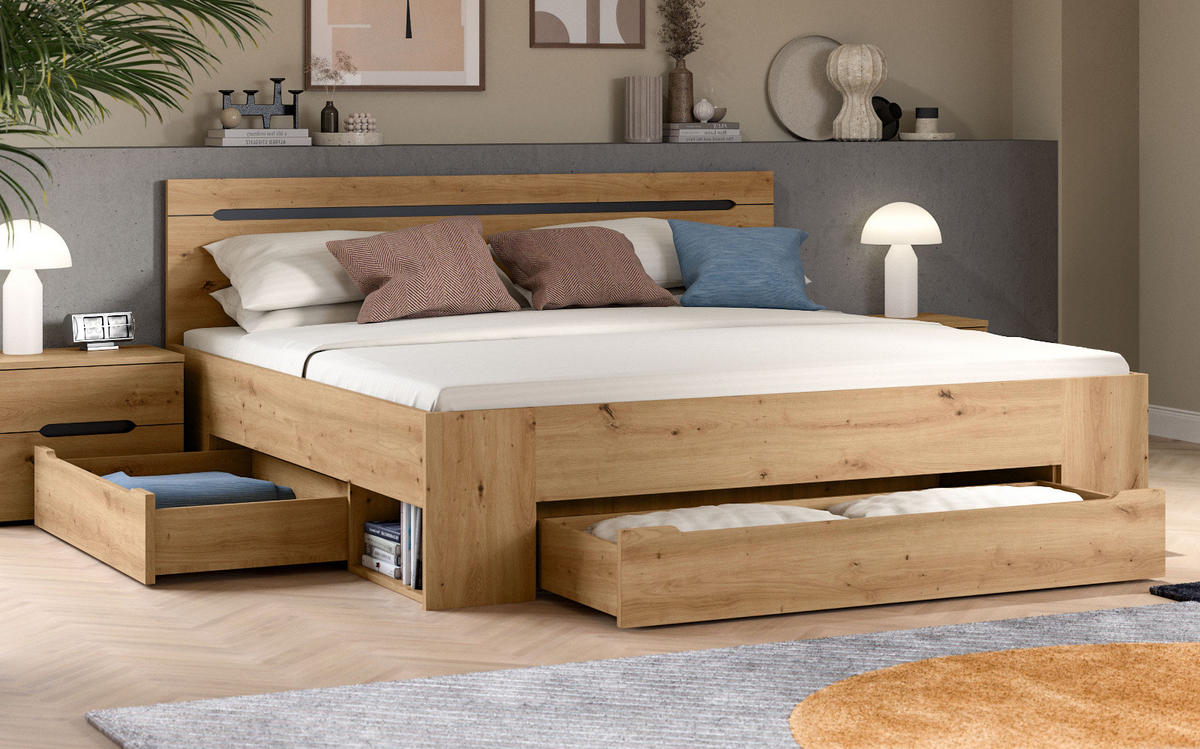 BETT Eiche, grau Liegefläche 180 x 200 cm, Doppelbett mit 3x Bettschubkasten - Eiche Artisan/Grau, Holzwerkstoff/Metall - Inn.Furn