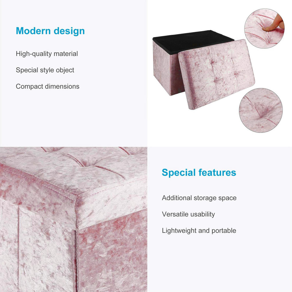 SITZBOX Faltbar mit Samtbezug 49/30/30 cm (Rosa) - Rosa, Karton (30/30/49cm) - Intirilife