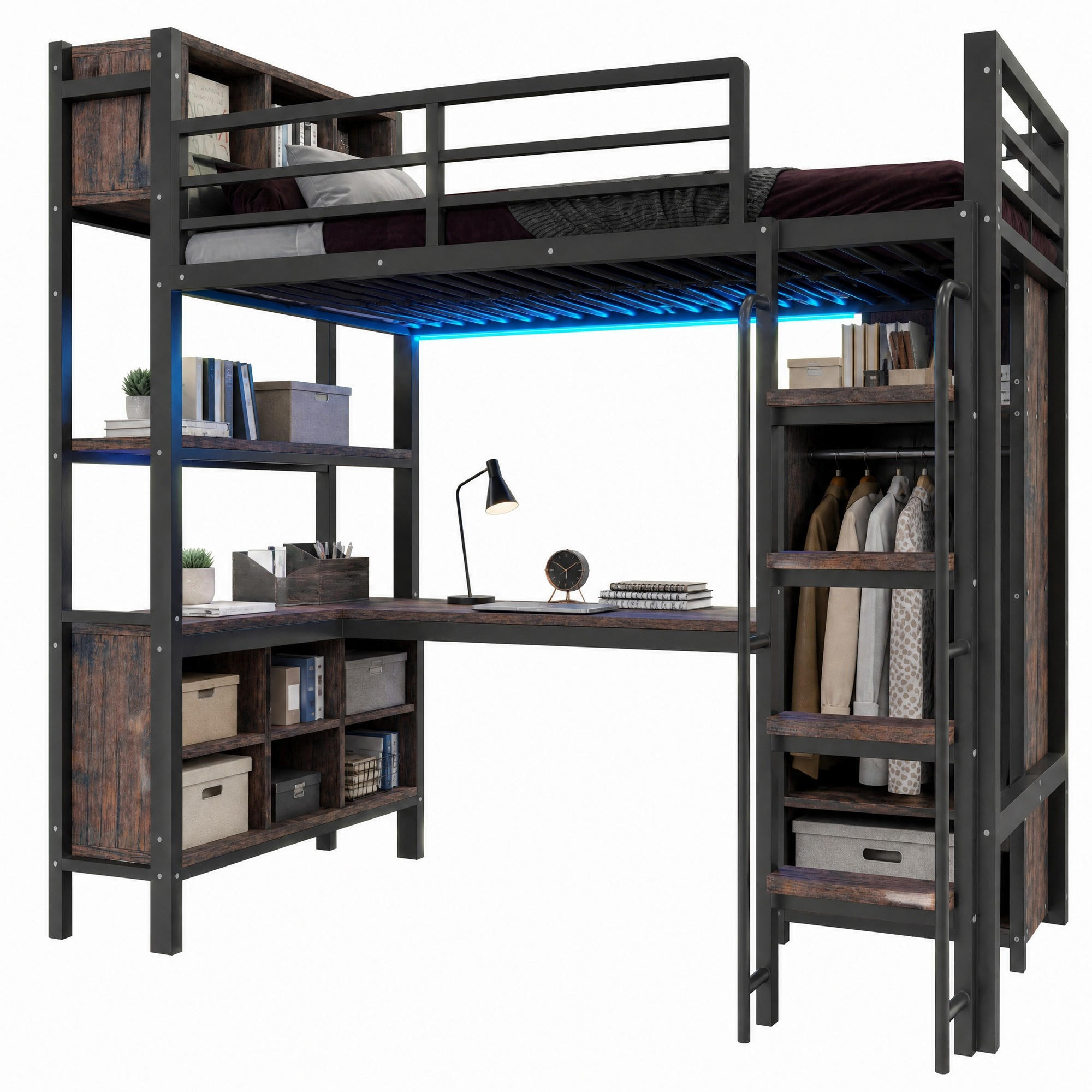 HOCHBETT 90/200 cm in Schwarz mit Schreibtisch, Schrank, Ablagefächern, LED und Steckdosen - Schwarz, Holzwerkstoff/Metall (90/200cm) - CHICFURN