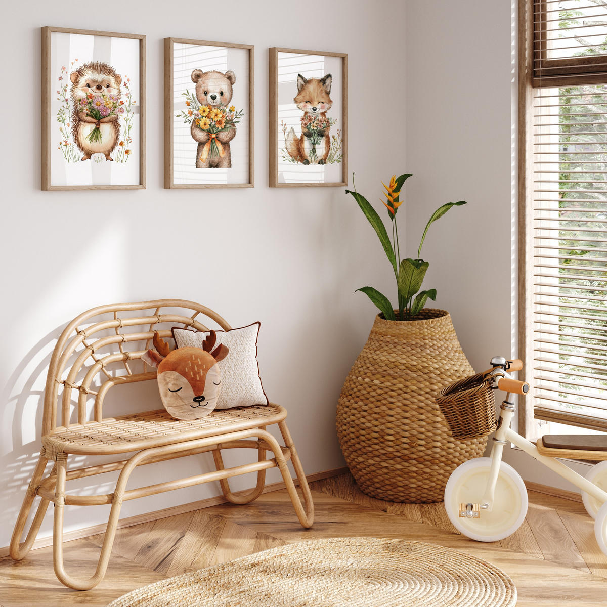 POSTER SET ohne Rahmen für Kinder WALDTIERE Blumen Pflanzen 3x Poster A4 21x30cm - Gelb/Beige, Papier (21/30/1cm) - Muralo