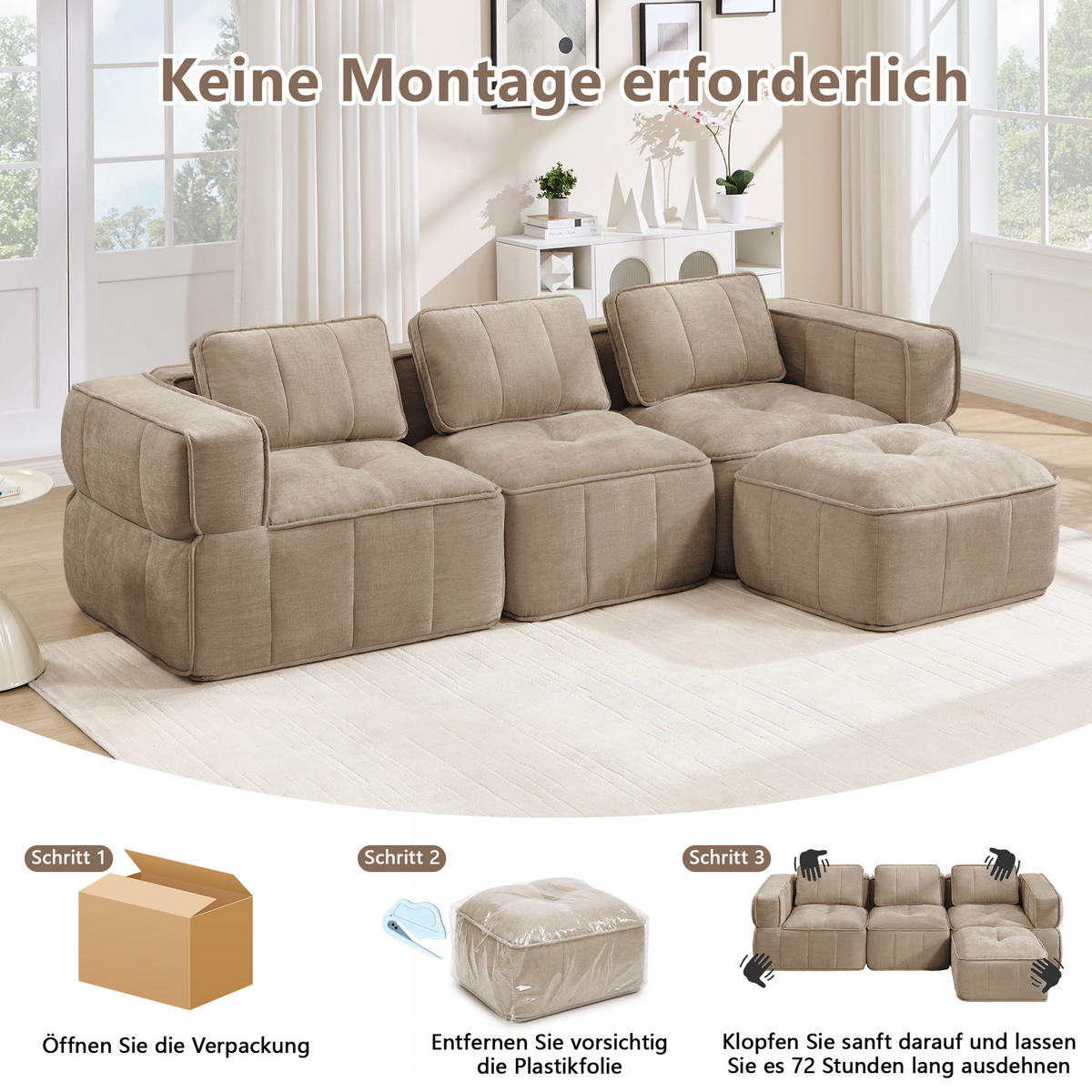ECKSOFA 271/162/67 cm Sand mit 1 Fußhocker - Sandfarben, Textil (271/162cm) - Oxeza