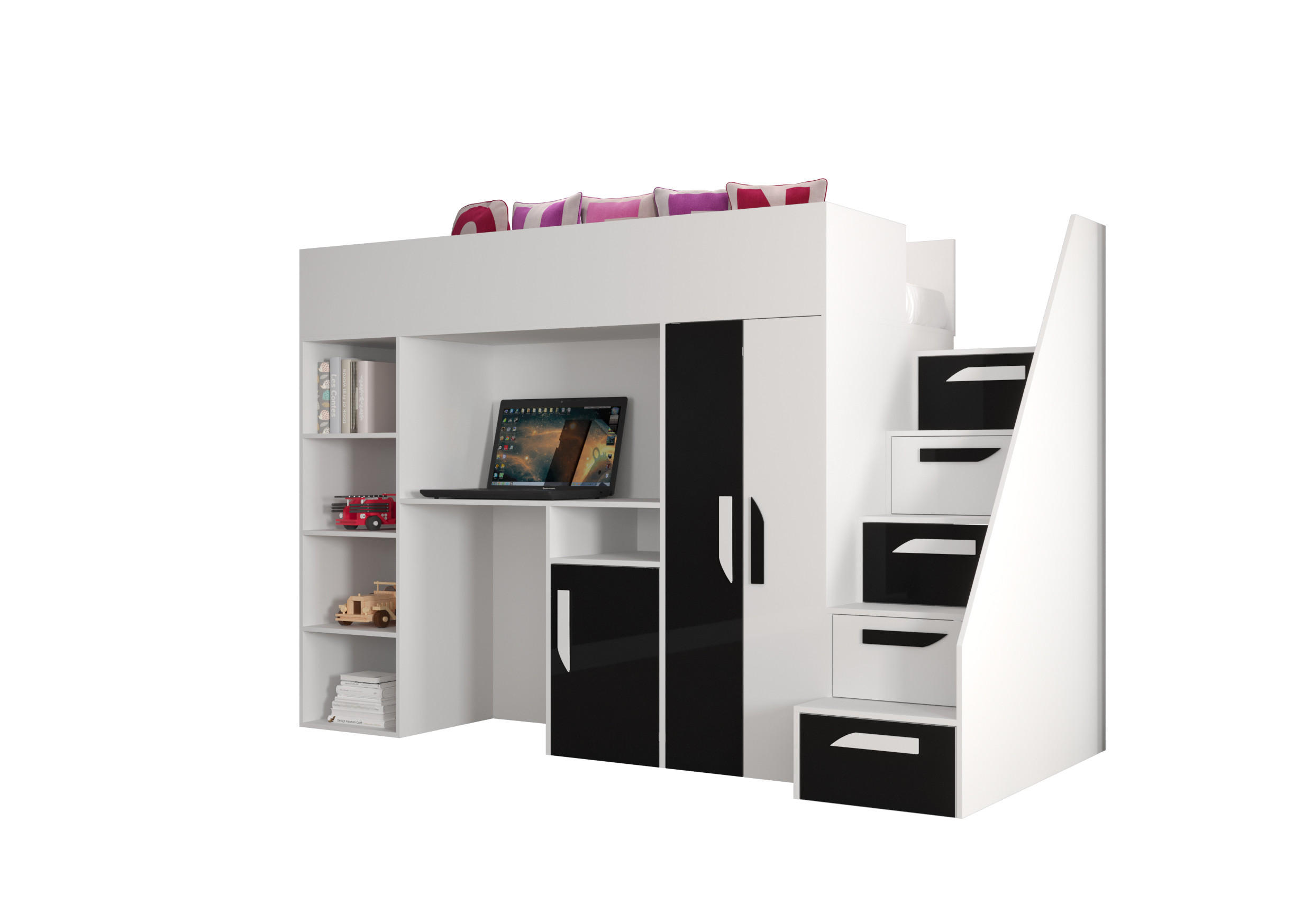 Abiks Möbel Hochbett Weiß, Schwarz 90x200 cm