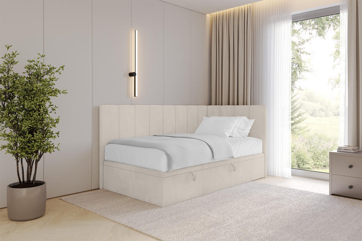 EINZELBETT Jugendbett mit Bettkasten Links, ohne Matratze - LOVY 100x200 Beige - Beige, Holzwerkstoff/Textil (100/200cm) - ALTDECOR