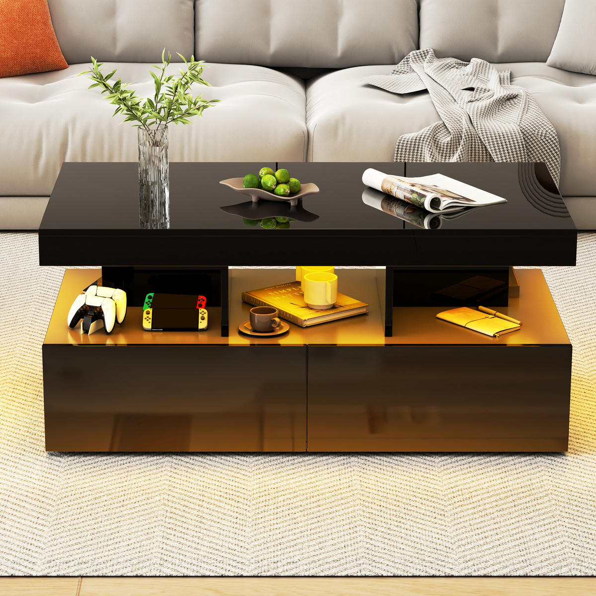 COUCHTISCH 2 Schubladen LED Stauraum modern schwarz - Schwarz, Holz (53/104/46cm) - LEBENLANG