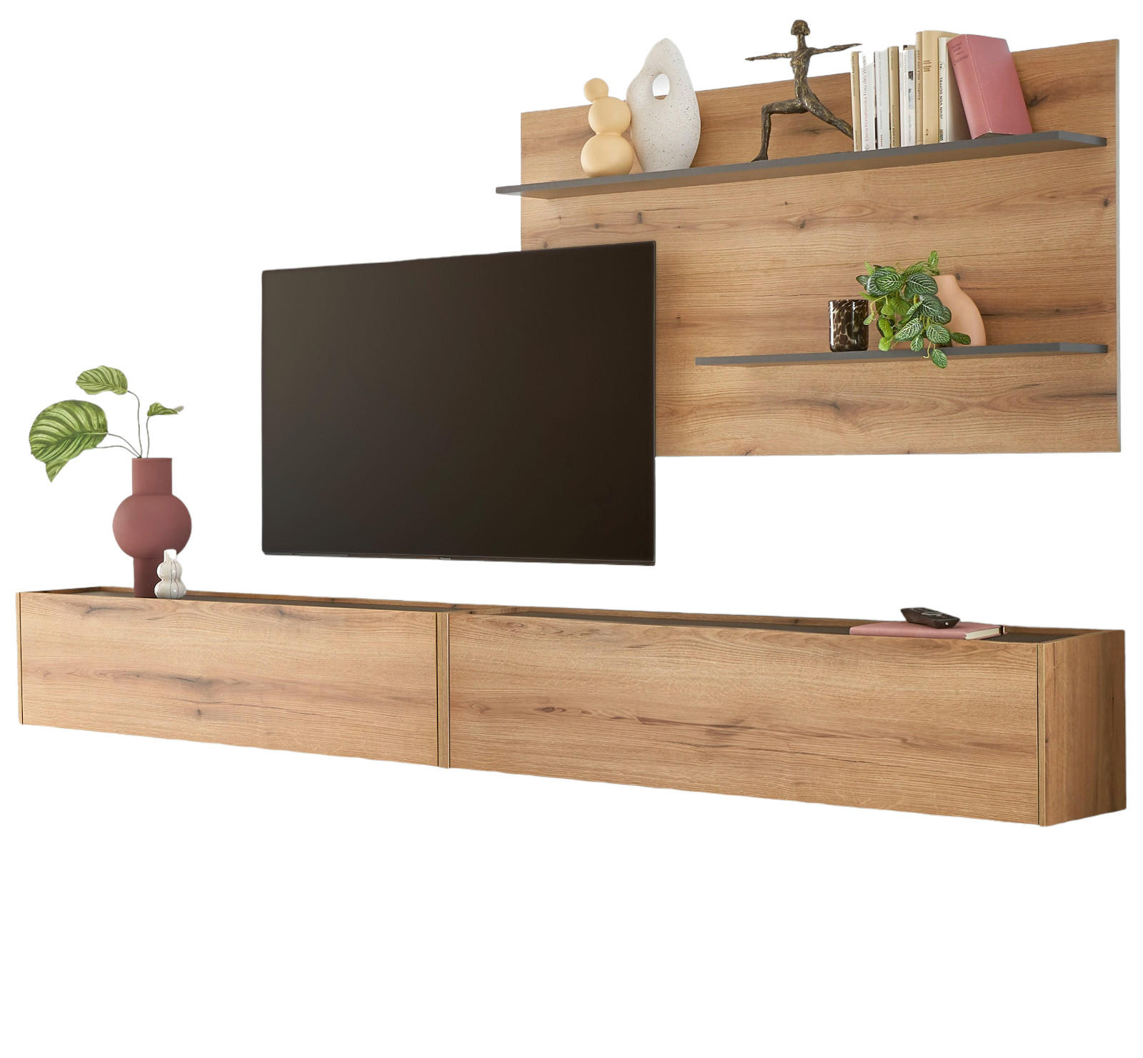 WOHNWAND Evoke Eiche, grau, Wohnkombination Set 3-teilig, 300 cm - Eichefarben/Grau, Holz/Holzwerkstoff (300/180/30cm) - Furn.Design