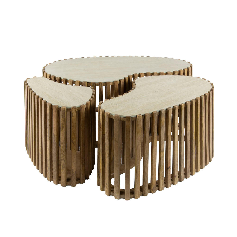 COUCHTISCH-SET LORETO ORGANIC 3-teilige Satztische mit Travertin-Keramik - Braun, Holz (52/90/40cm) - alesvelt