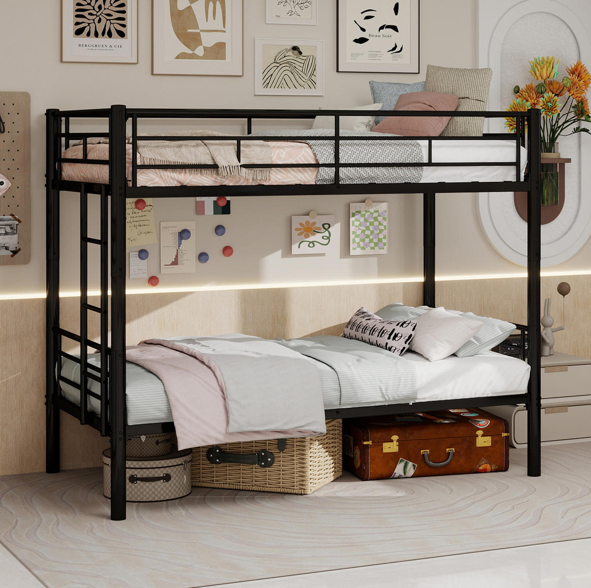 ETAGENBETT umbaubar 196/103/156 cm, Schwarz mit Leiter und Geländer - Schwarz, Metall (90/190cm) - MIVRAY
