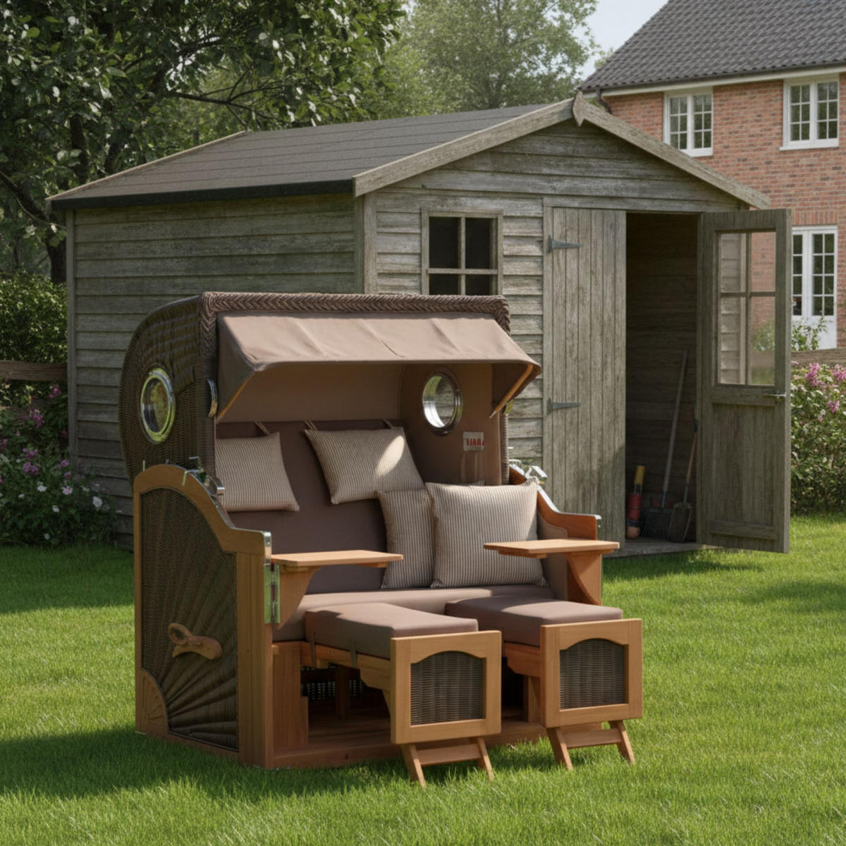 STRANDKORB Düne Grande Bullauge Teak PE Grey Dessin 534 - Taupe/Braun, Metall (142/170/95cm) - Mr. Deko