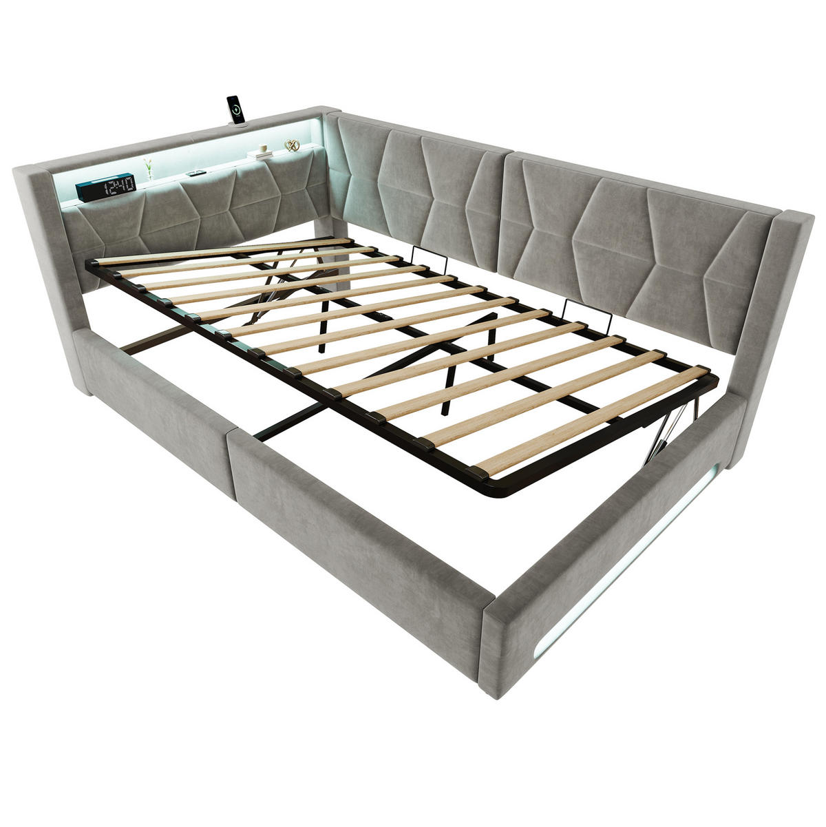 POLSTERBETT 140/200 cm in Dunkelgrau mit Stauraum, LED-Beleuchtung und USB-Anschlüssen - Dunkelgrau, Metall (140/200cm) - Flora Grace
