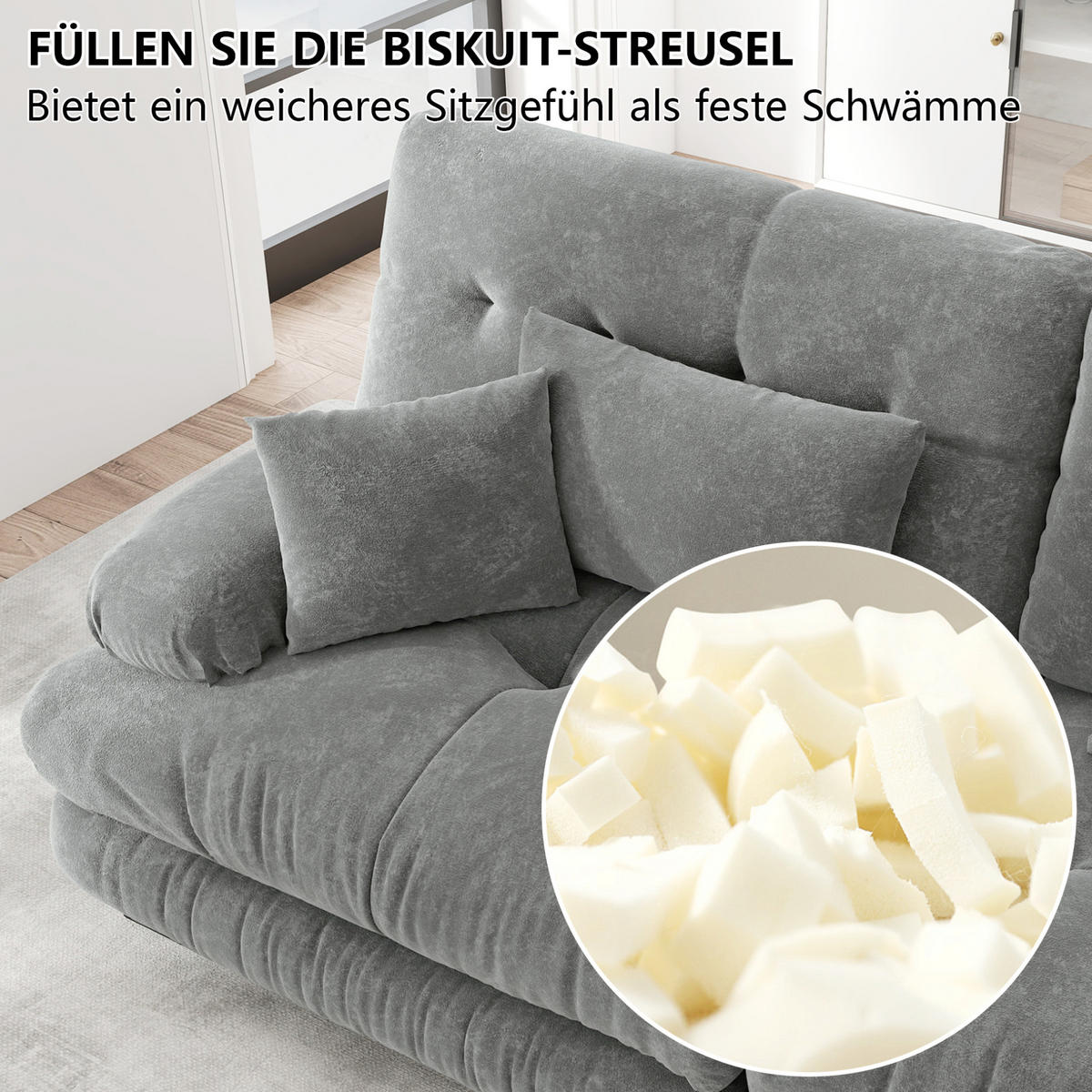 ECKSOFA modular mit beweglichen Ottomane, breiten Armlehnen und Dekokissen, Grau - Grau, Textil (220/145cm) - Redom