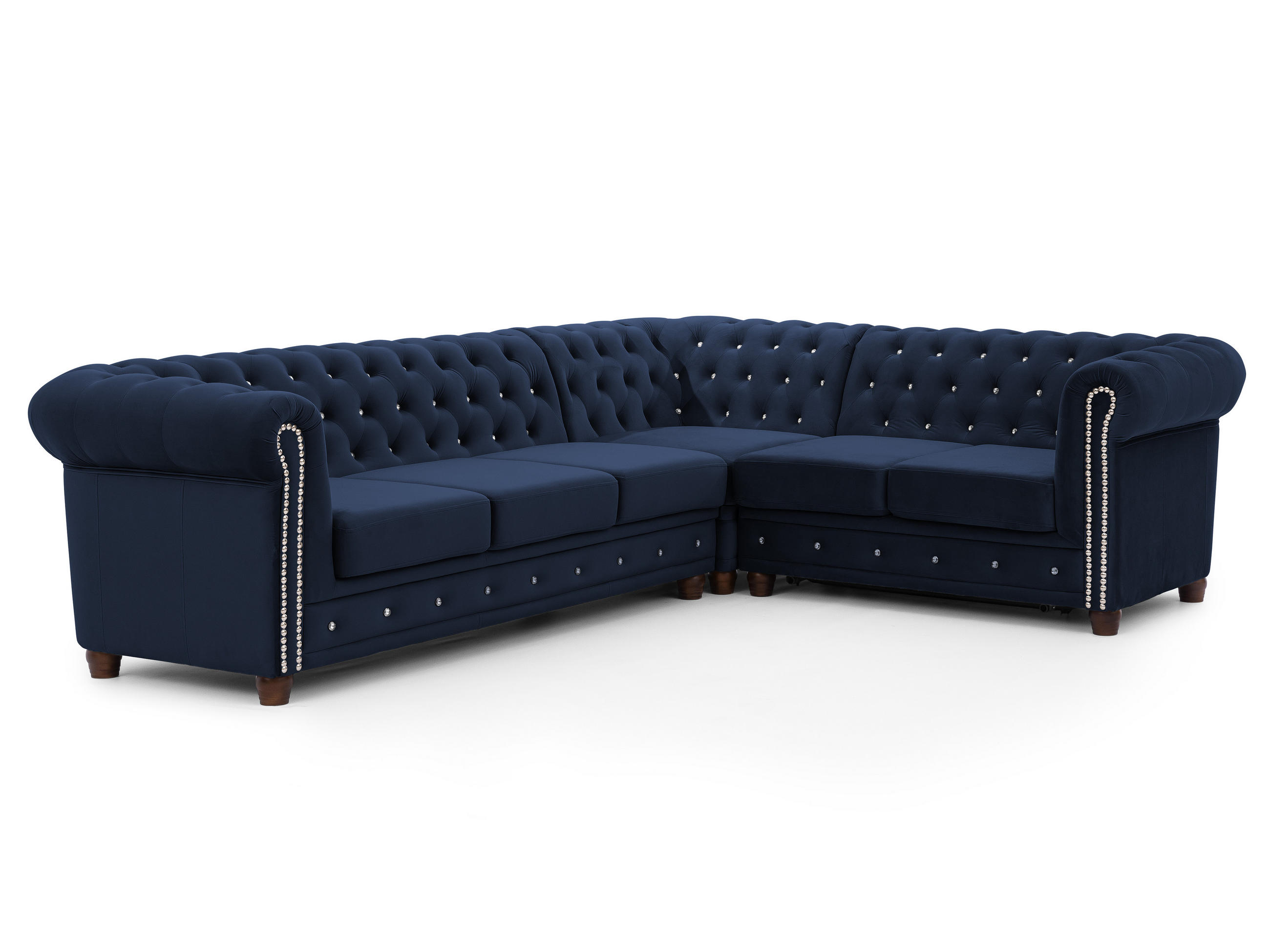 ECKSOFA mit Schlaffunktion Chesterfield Marineblau Samt mit Kristallsteppung und braunen Massivholzfüßen - Ottomane Rechts - Blau/Braun, Holz/Textil (264/210cm) - S-Style Möbel