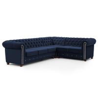 ECKSOFA mit Schlaffunktion Chesterfield Marineblau Samt mit Kristallsteppung und braunen Massivholzfüßen - Ottomane Rechts - Blau/Braun, Holz/Textil (264/210cm) - S-Style Möbel