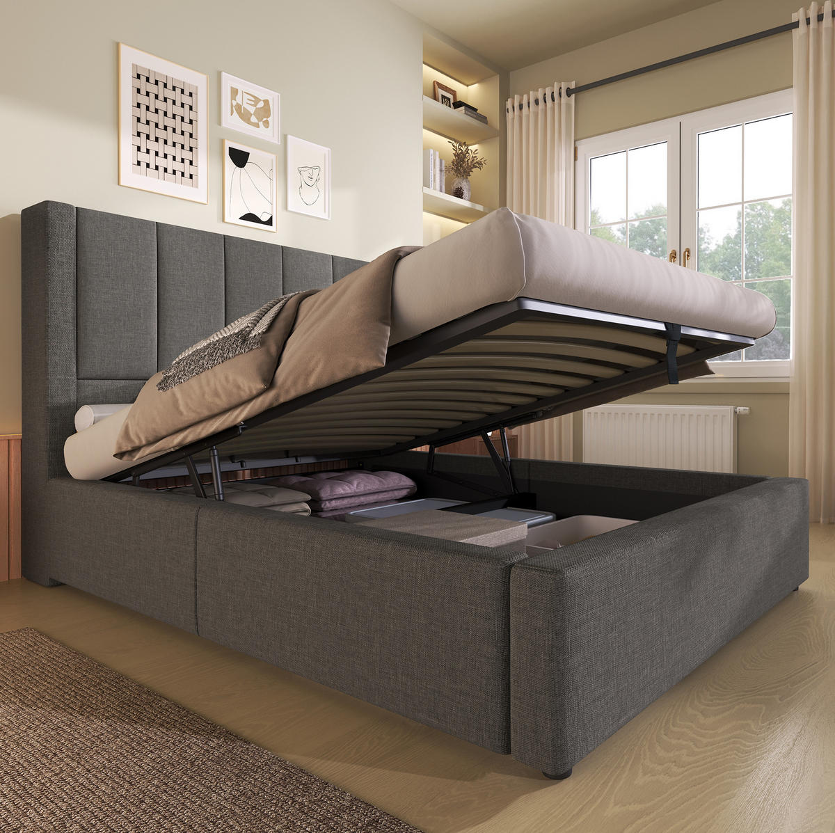 POLSTERBETT 90/200 cm Grau aus Leinen mit Stauraum und USB- und Type-C-Anschlüssen - Grau, Textil (90/200cm) - Flora Grace