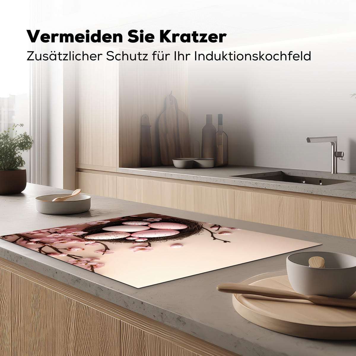 HERDABDECKPLATTE Rosa - Blüten - Eier Induktionsmatte 77x59 cm - Hellrosa, Kunststoff (77/59/0.2cm) - MuchoWow