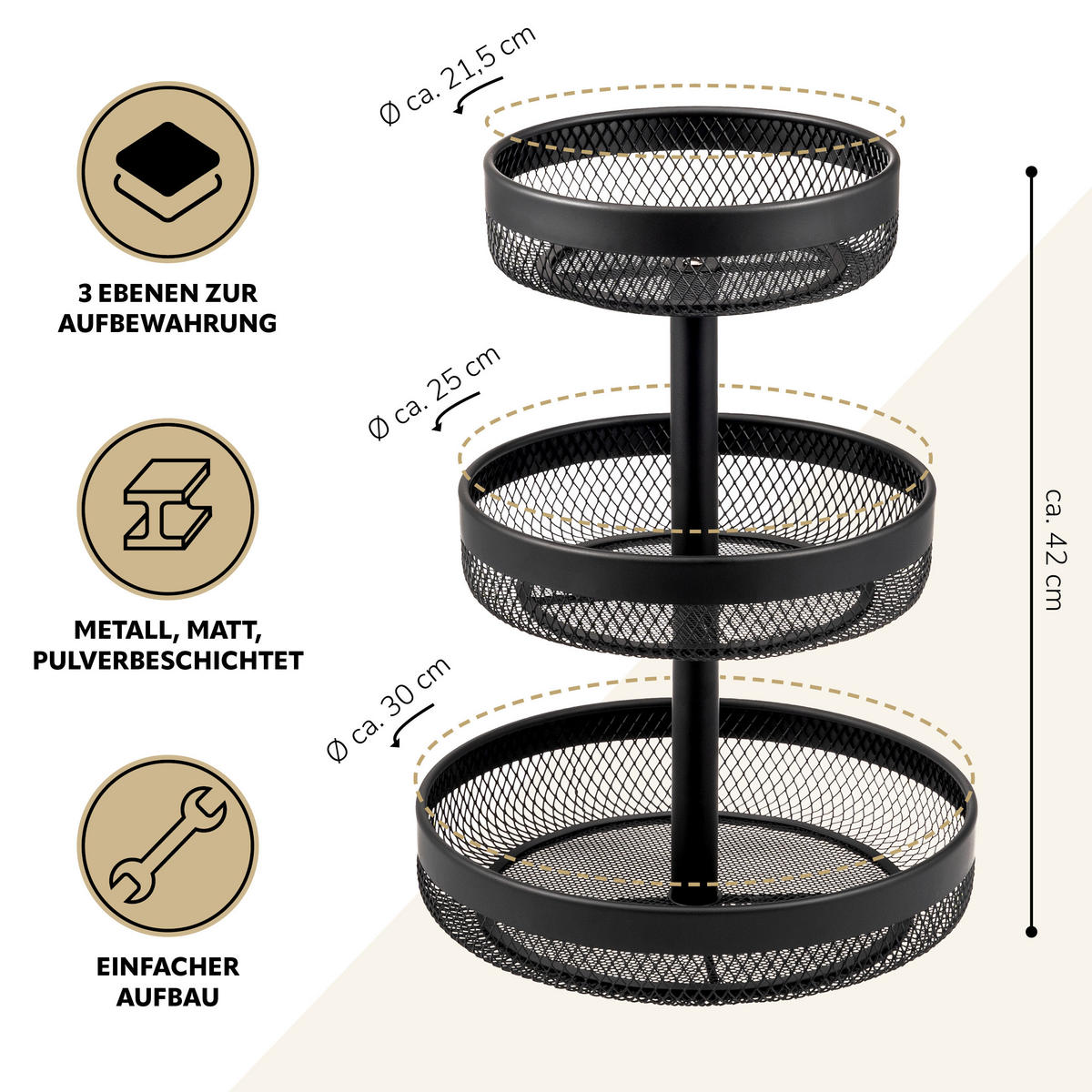 OBSTETAGERE rund, 3-stöckig, Ø 20 cm, 25 cm und 30 cm, schwarz, Metall - Schwarz, Metall (42cm) - eluno