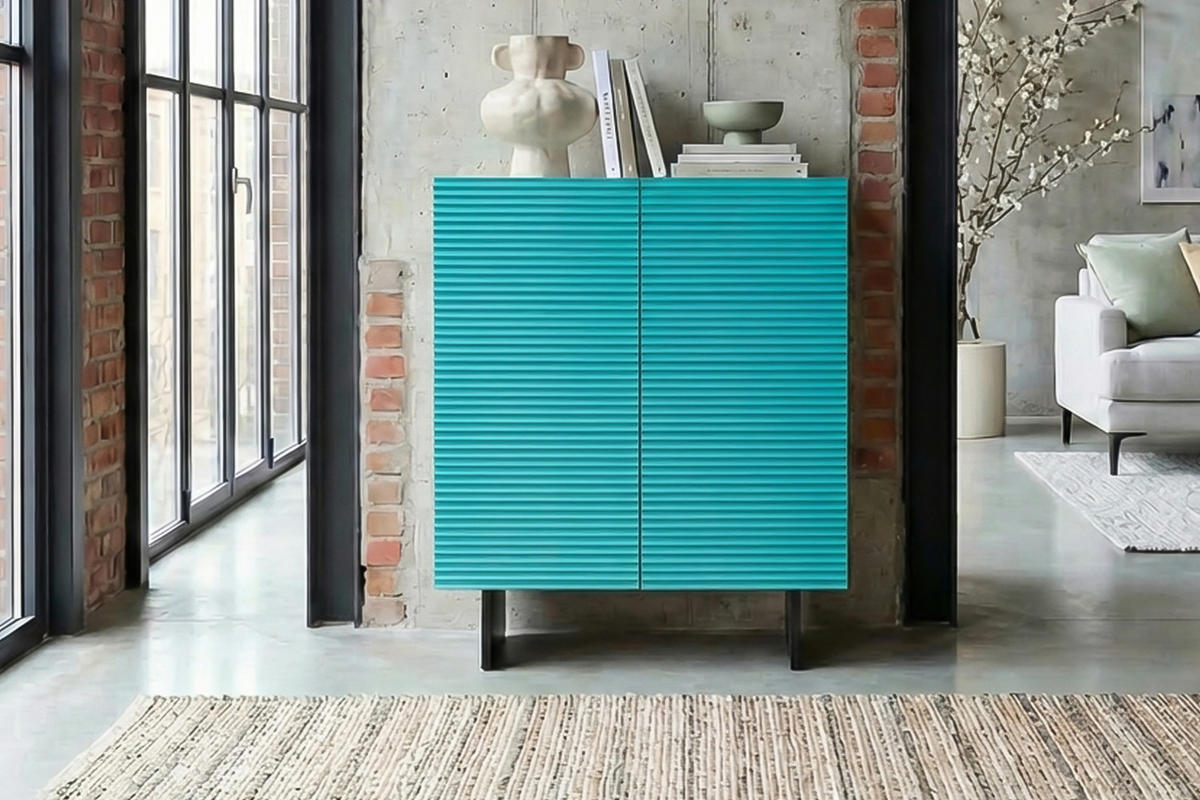 HIGHBOARD LYNN Blau Holz - Blau/Schwarz, Holzwerkstoff/Metall (100/120/40cm) - KAWOLA