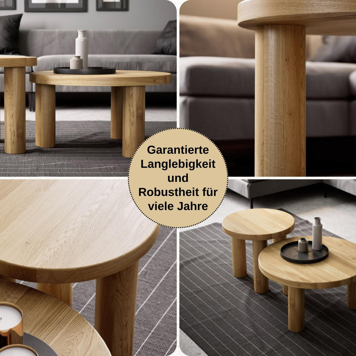 COUCHTISCH SET Eichenholz vollmassiv rund Naturbelassenen 70/70/37 - Naturfarben, Holz (70/70/37cm)