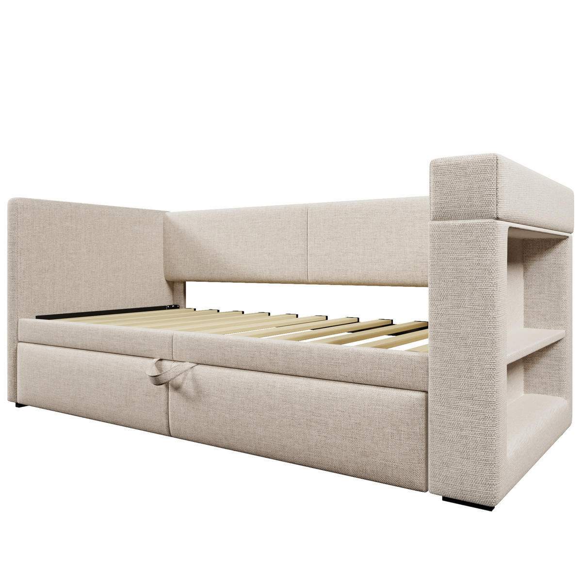 POLSTERBETT 90/200 cm mit Ausziehbett, USB- und Type-C-Anschluss, Getränkehaltern und Baumwoll-Leinen-Bezug, Beige - Grau, Textil (90/200cm) - Redom