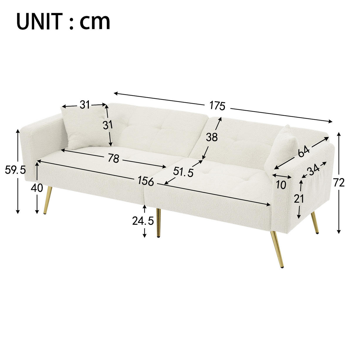SCHLAFSOFA Lammwollstoff mit Seitentaschen verstellbar 105/138/180 Grad Weiß 175/64/72 cm - Weiß, Textil (64/72/175cm) - Redom