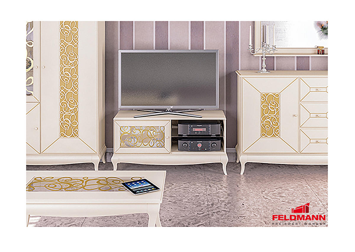 LOWBOARD Harmonie creme / gold 121 / 45 / 59cm - Goldfarben/Creme, Holz/Holzwerkstoff (121/59/45cm) - Feldmann-Wohnen