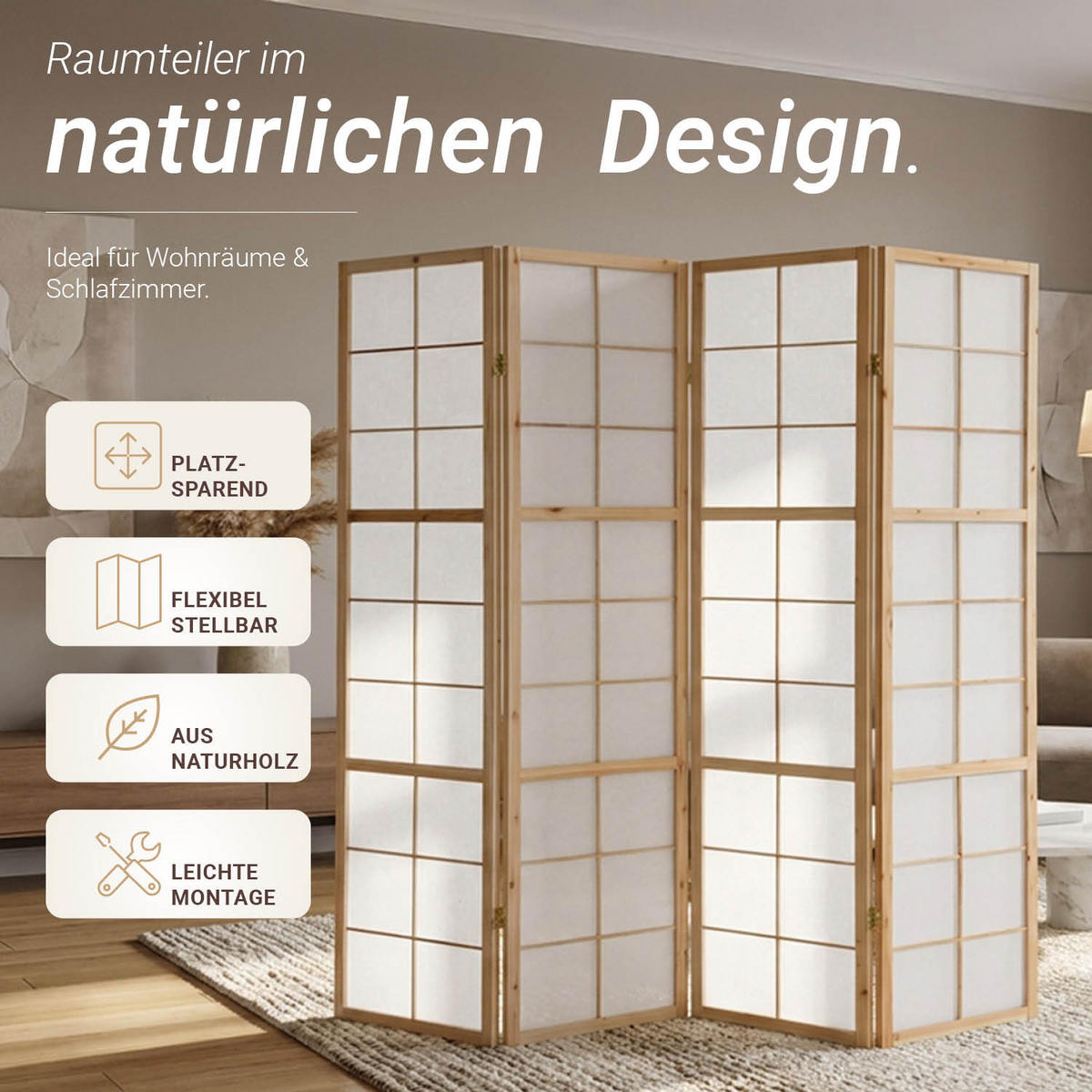 PARAVENT 4-tlg. 176/175 cm Braun Shoji - Braun, Holz (176/175/2cm) - Homestyle4u