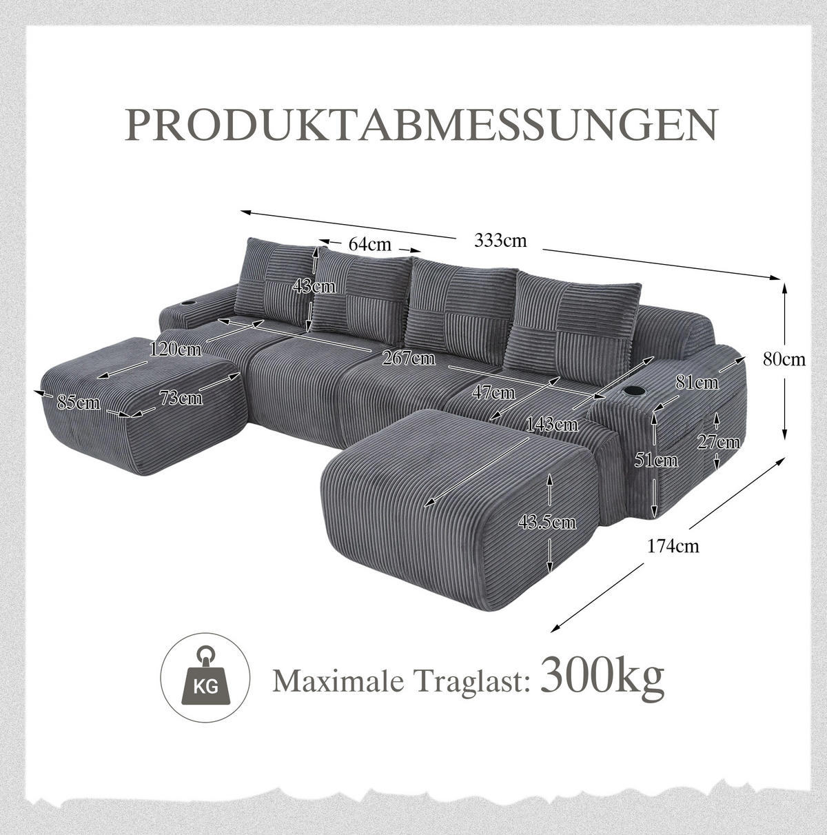 SEDACIA zostava z menčestru, 333/174/80 cm tmavosivá, modulárna - tmavosivá, textil (174/80/333cm) - BEAOK