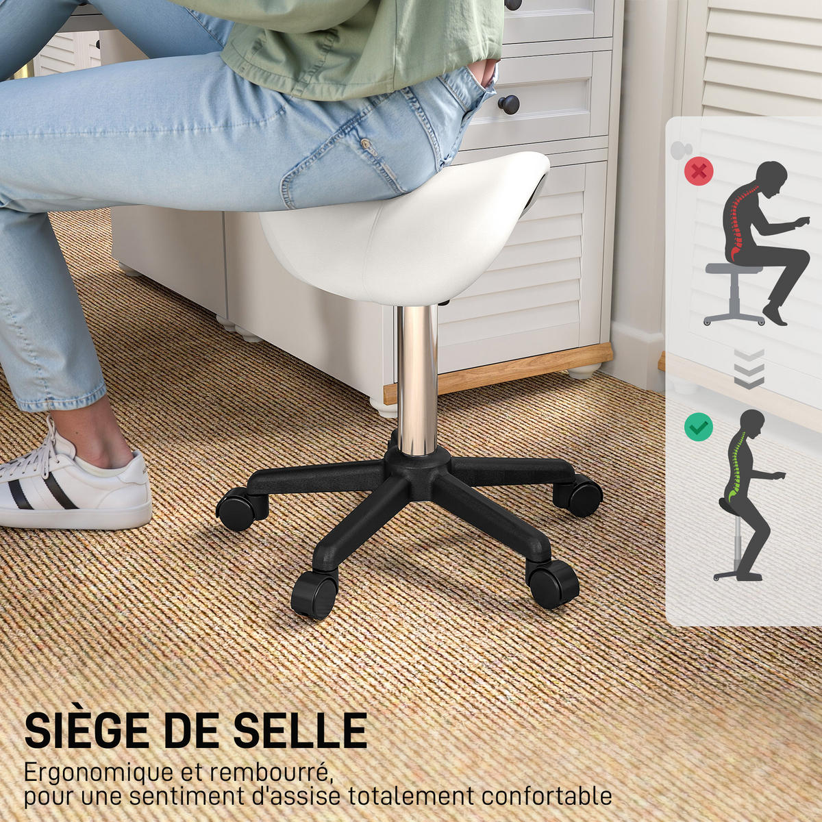 BÜROHOCKER DE-18024 höhenverstellbar 45-57 cm, ergonomisch Weiß - Weiß, Metall (47/57/48cm) - ComfortXL