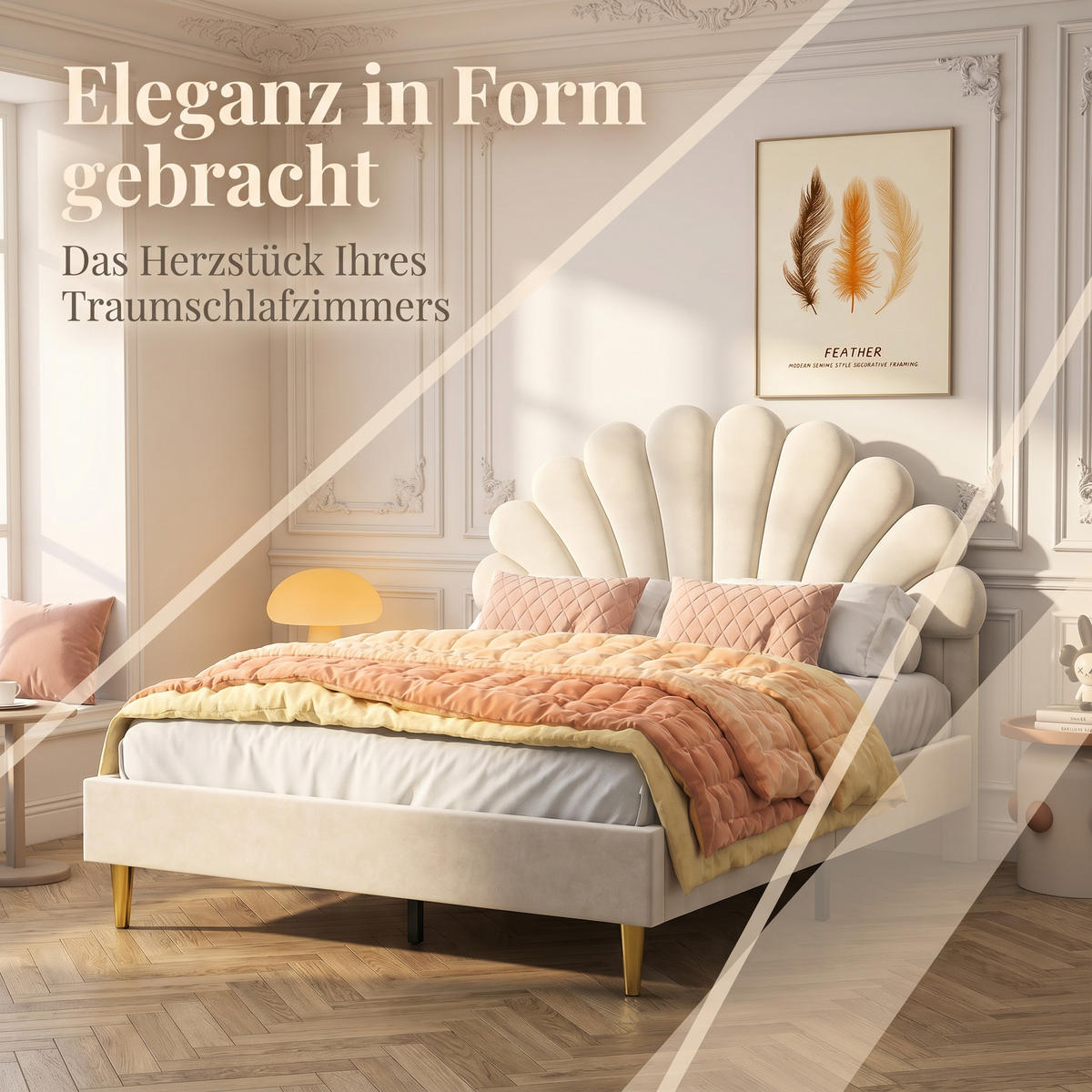 KINDERBETT Polsterbett 140x200 cm, mit geblümtem Kopfteil und Lattenrost, Samt Doppelbett, Beige - Beige, Holz/Holzwerkstoff (140/200cm) - BursDany
