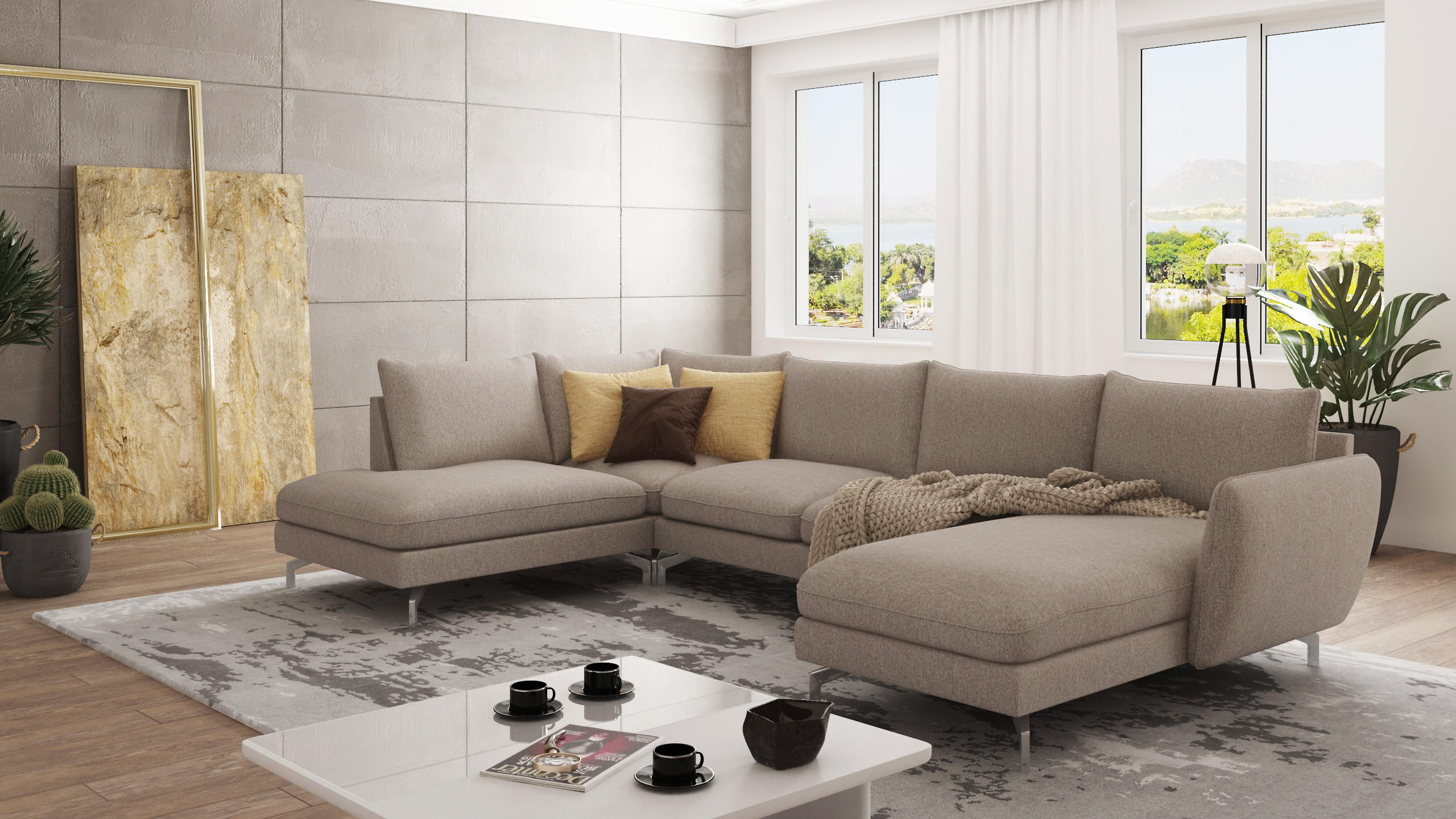 WOHNLANDSCHAFT Elou Dunkelbeige Microfaser - Chromfarben/Beige, Textil/Metall (336/87/200cm) - S-Style Möbel
