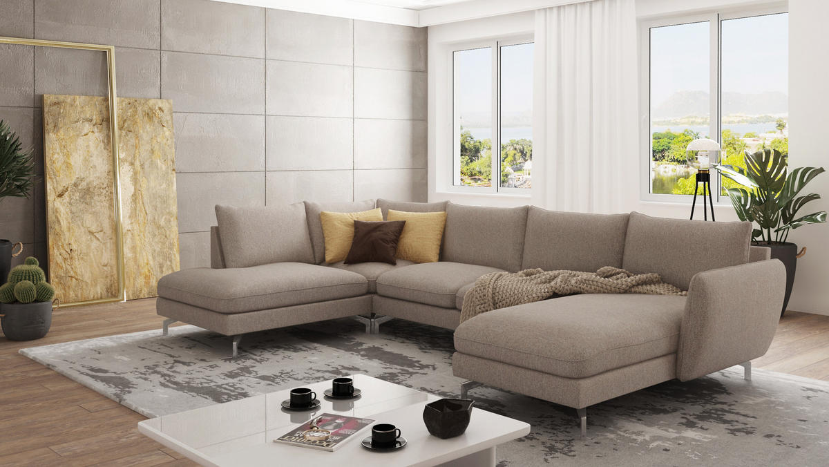 WOHNLANDSCHAFT Elou Dunkelbeige Microfaser - Chromfarben/Beige, Textil/Metall (336/87/200cm) - S-Style Möbel