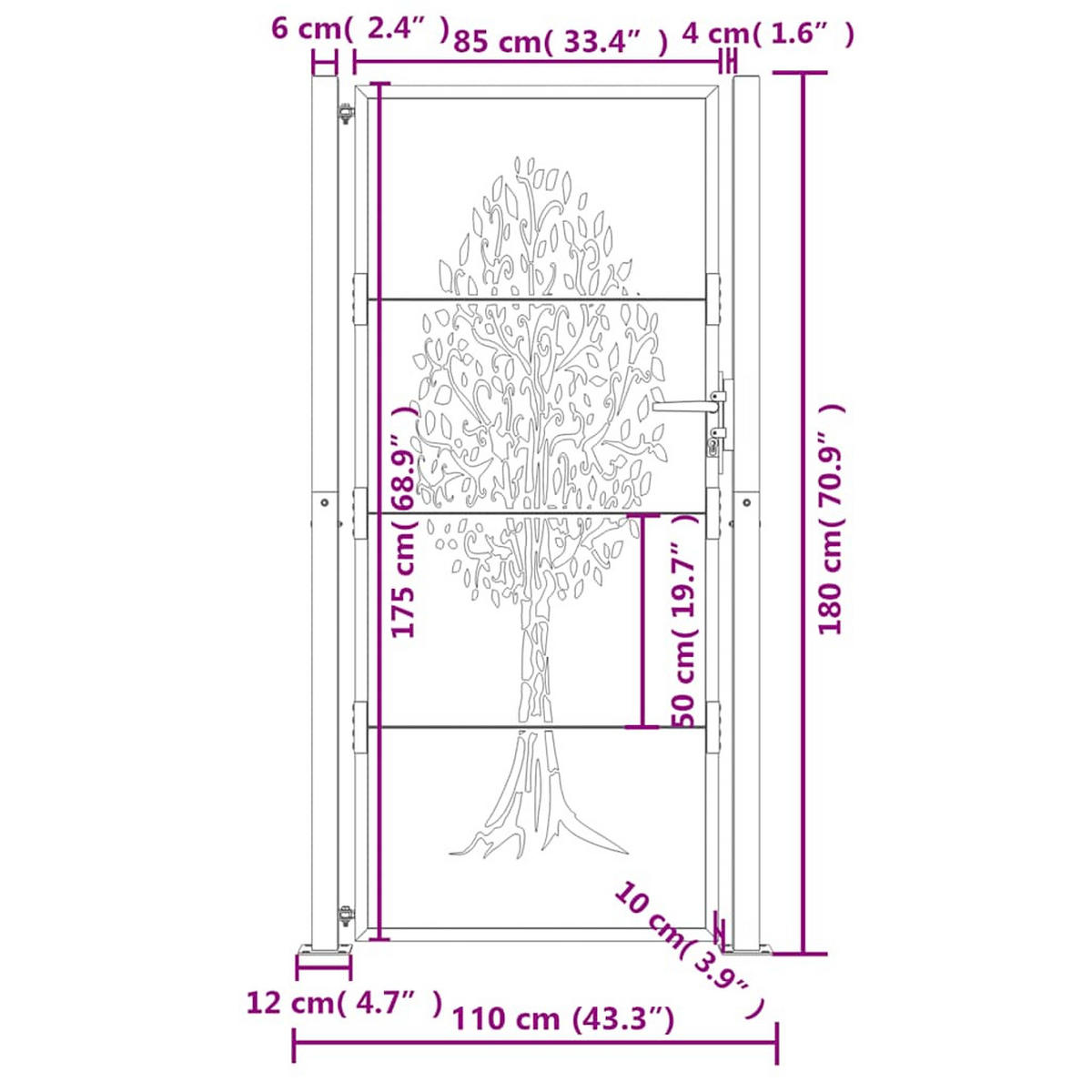 GARTENTOR im Baum-Design, 110/180 cm, aus Stahl, in Anthrazit, modern - Grau, Metall (175/180cm) - vidaXL