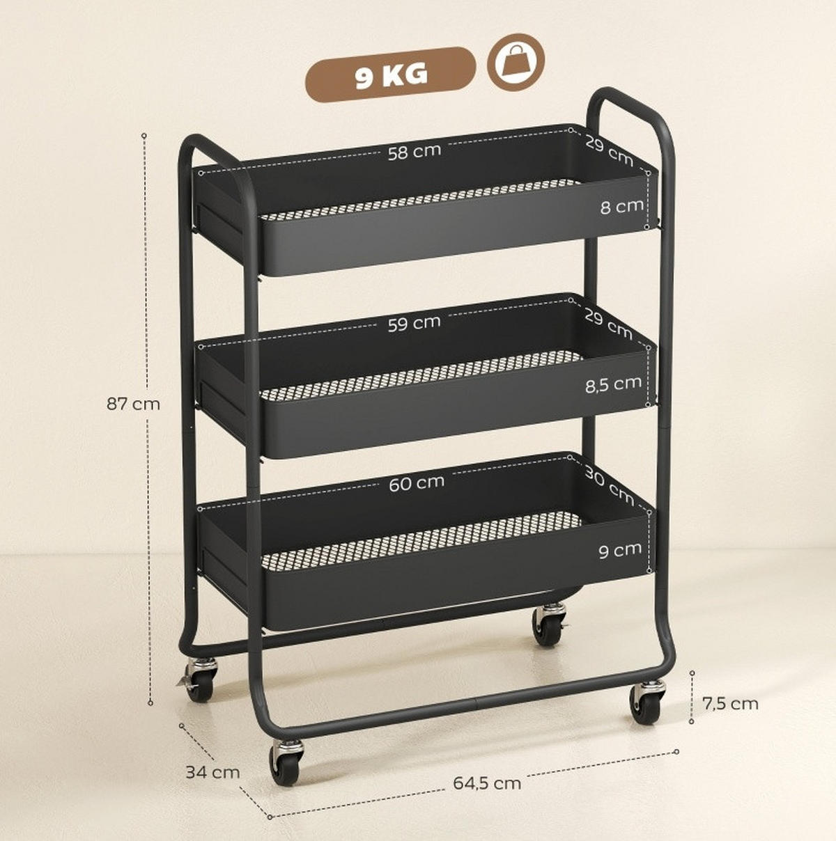 SERVIERWAGEN 64,5/34/87 cm in Schwarz aus Metall mit 3 Körben und 4 Rollen - Schwarz, Metall (64.5/87/34cm) - Flora Grace