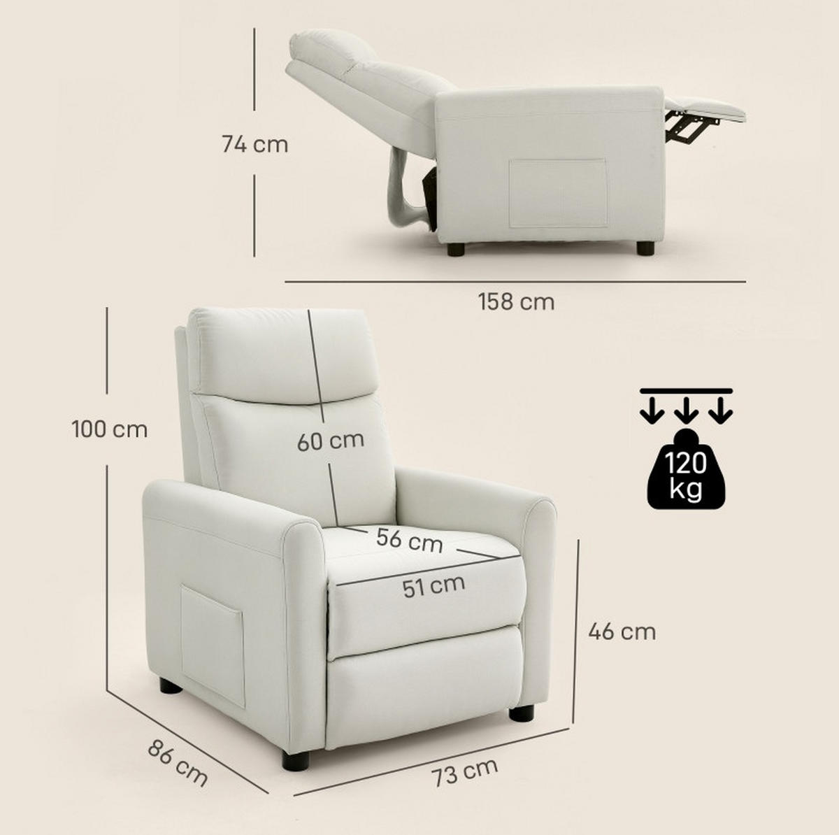 RELAXSESSEL in Cremeweiß 73x86x100 cm mit 145° Liegeposition und Seitenfächern - Creme, Textil (86/100/73cm) - IVMEU