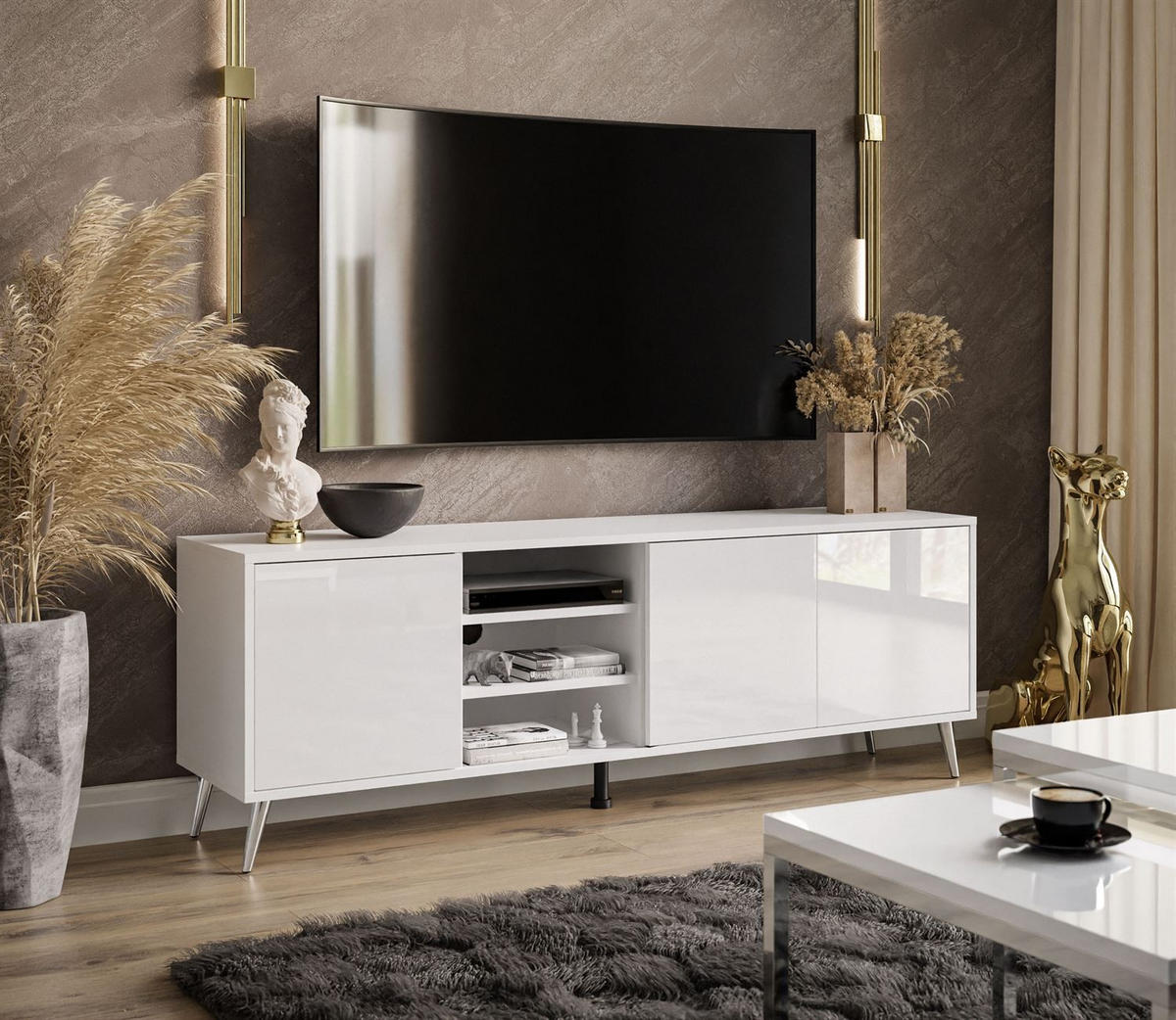 TV-ELEMENT SANAYI auf verchromten Beinen mit Regalen Hochglanz Weiß - Weiß, Holzwerkstoff (156/54/38cm) - Lookway